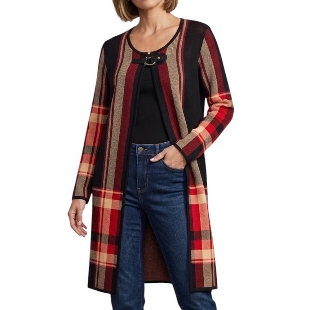 Anne Klein Womens Red Black Plaid Longline Buckle Cardigan Sweater Duster Size M